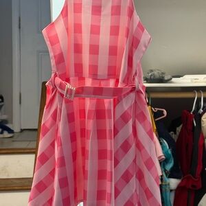 Girls' Pink Check A-Line Dress with Rhinestone Belt